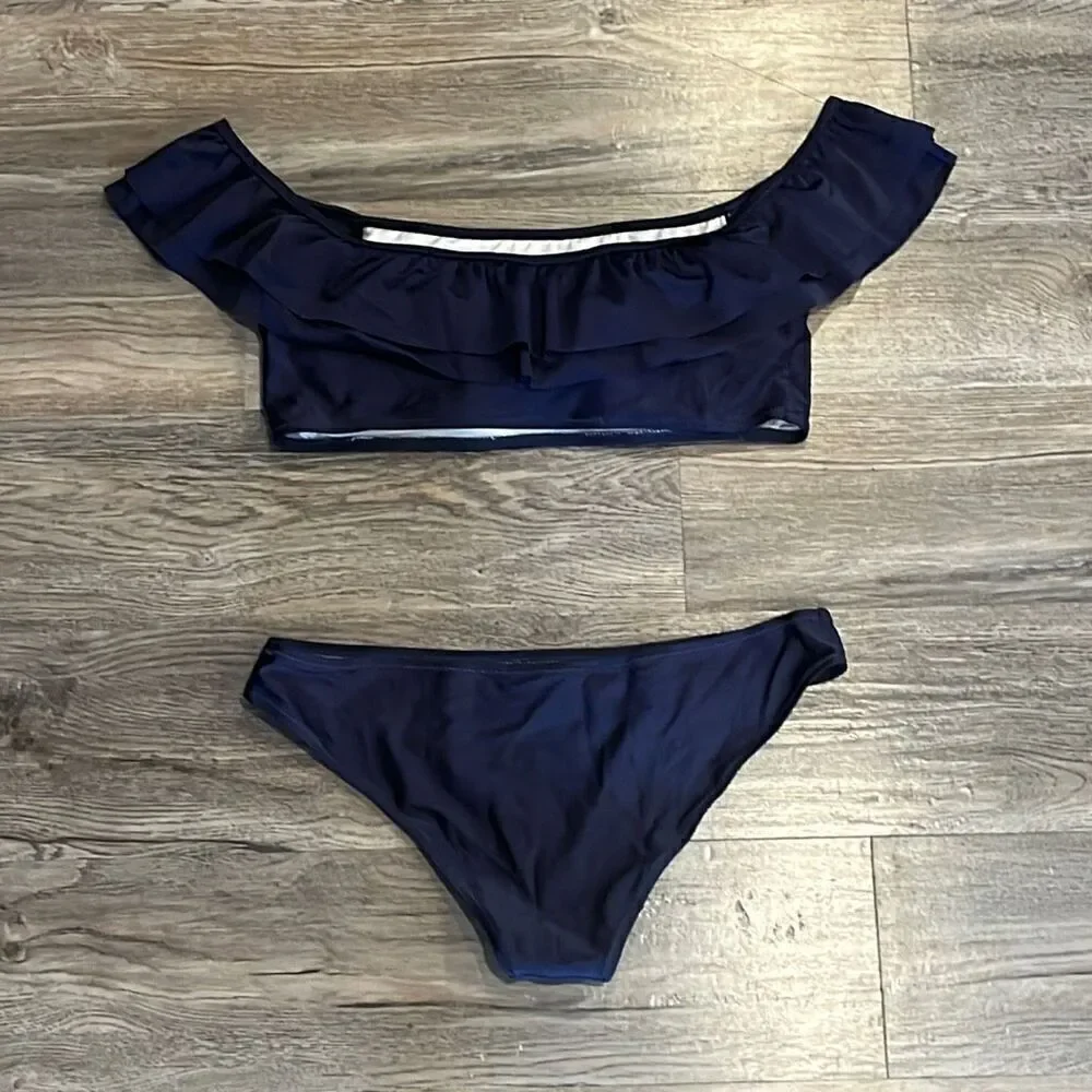 Cupshe Navy Blue Off‎ The Shoulder 2 Piece Bikini Swimsuit Medium
